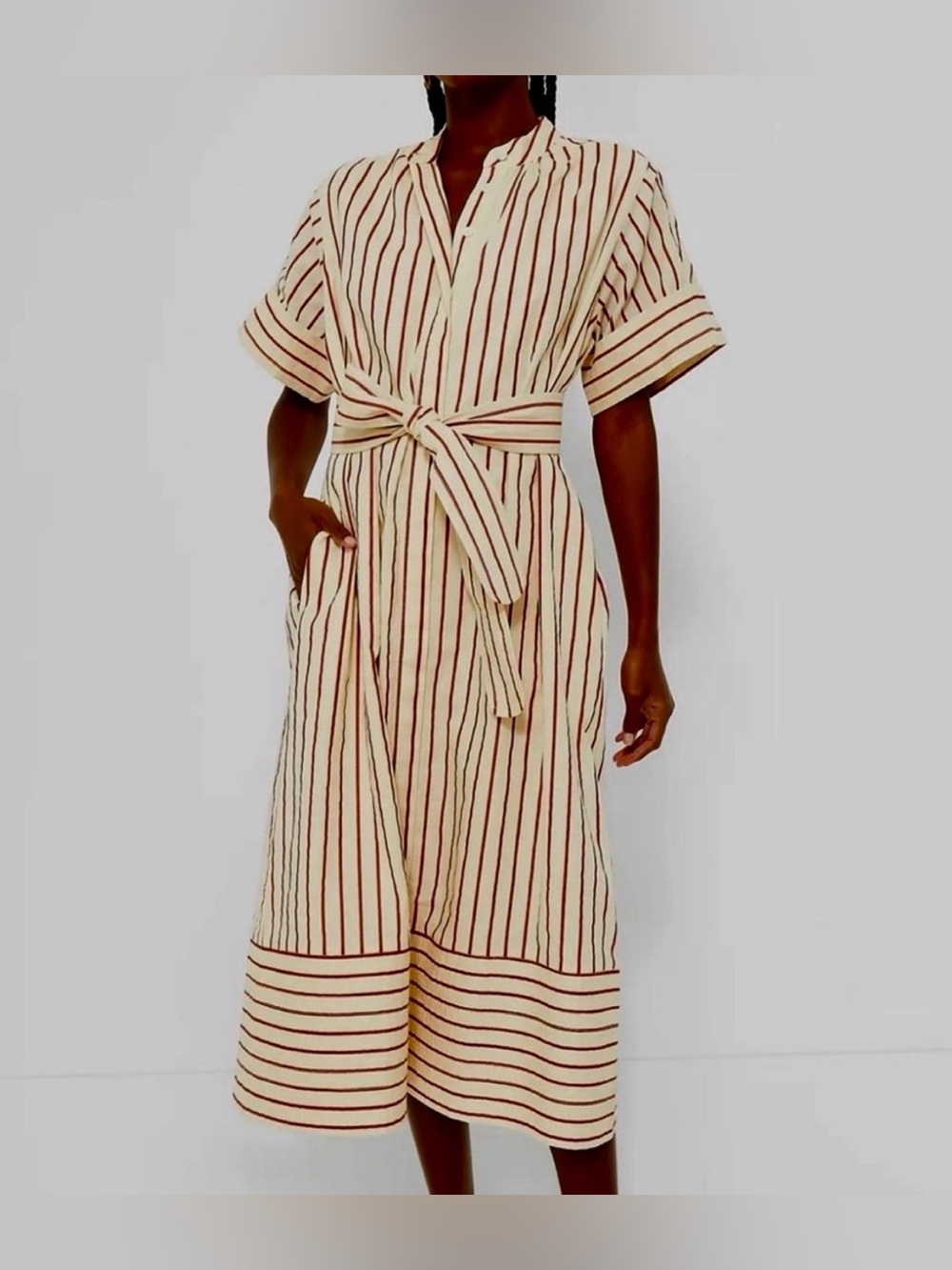 Women’s Tuckernuck Striped Tie-Waist Dress in Cream and Red. Size Medium